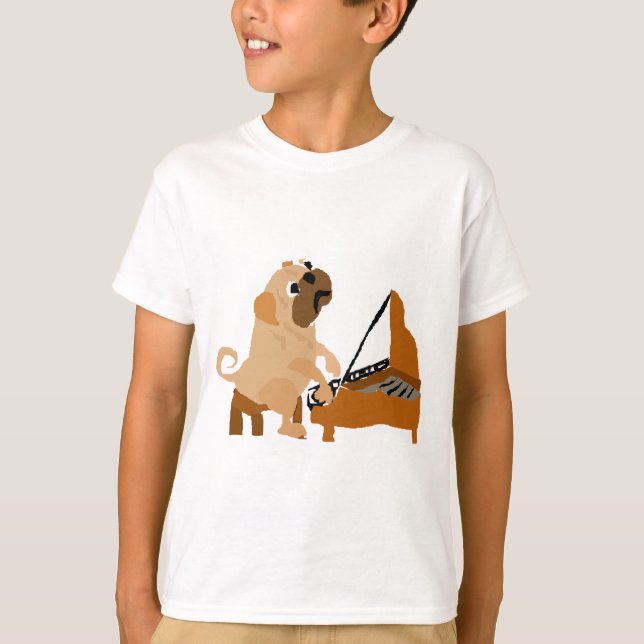 Camiseta Cão engraçado do Pug que joga o piano (Frente)