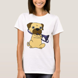 Camiseta Cão engraçado do Pug que joga o Trombone