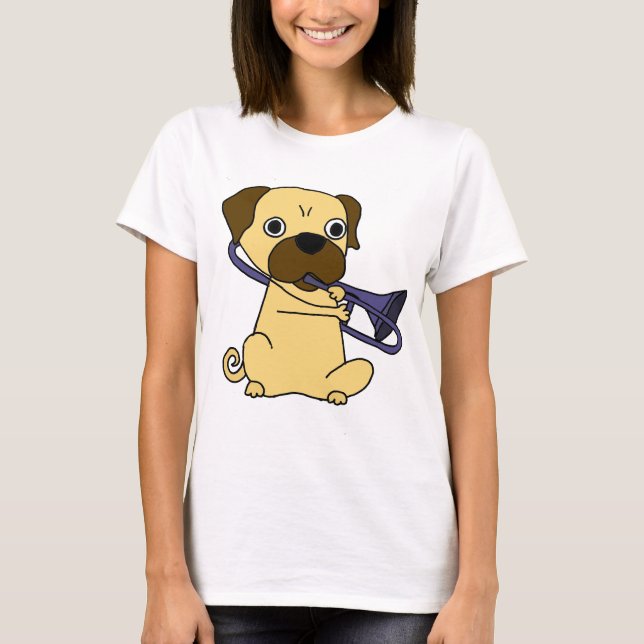 Camiseta Cão engraçado do Pug que joga o Trombone (Frente)