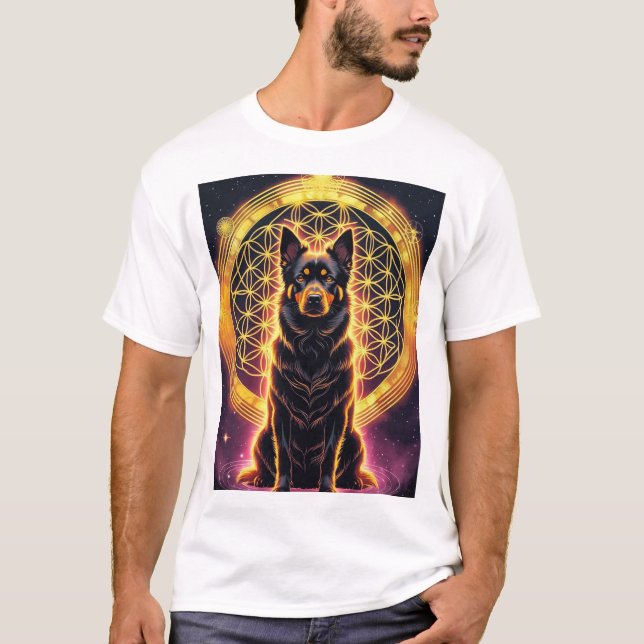 Camiseta Cão espiritual com Ouro Mandala e Flor da Vida (Frente)