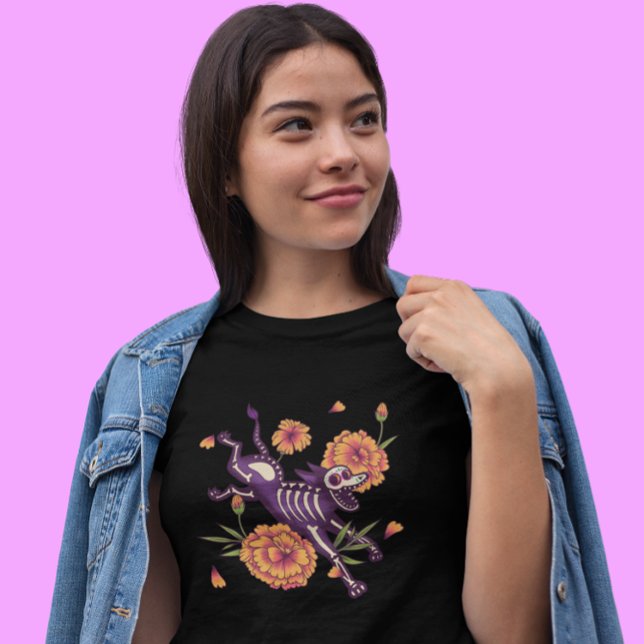 Camiseta Cão esqueleto com Marigolds Día de los Muertos (Criador carregado)