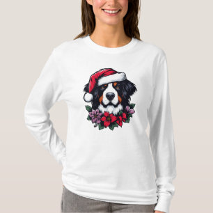 Camiseta Cão Festivo Bernês com Santa Hat e Florais