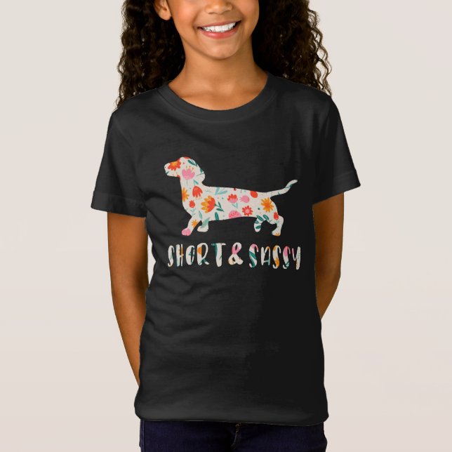 Camiseta Cão floral de Dachshund, pequeno e assado (Frente)