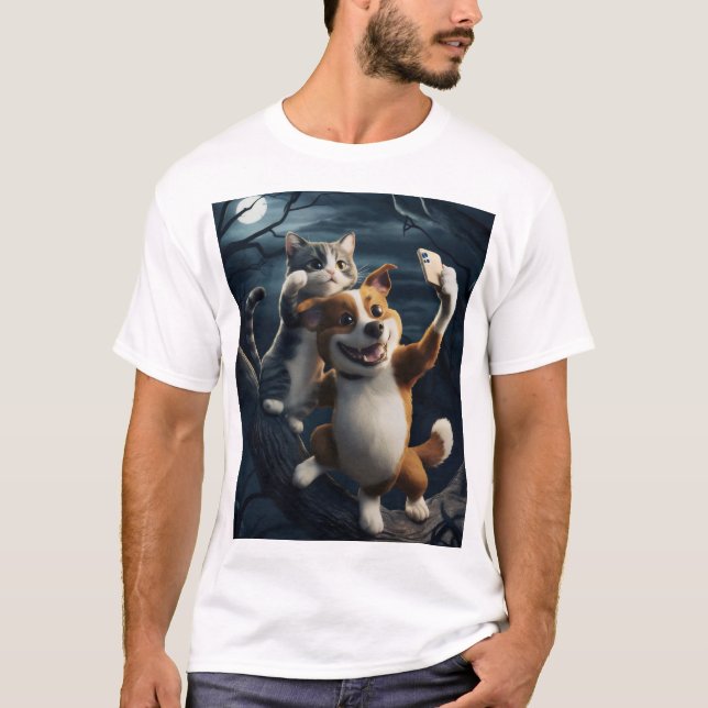 Camiseta Cão, gato e selfie. (Frente)