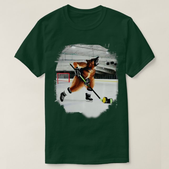 Camiseta Cão german shepherd Jogando Hóquei No Gelo (Frente do Design)