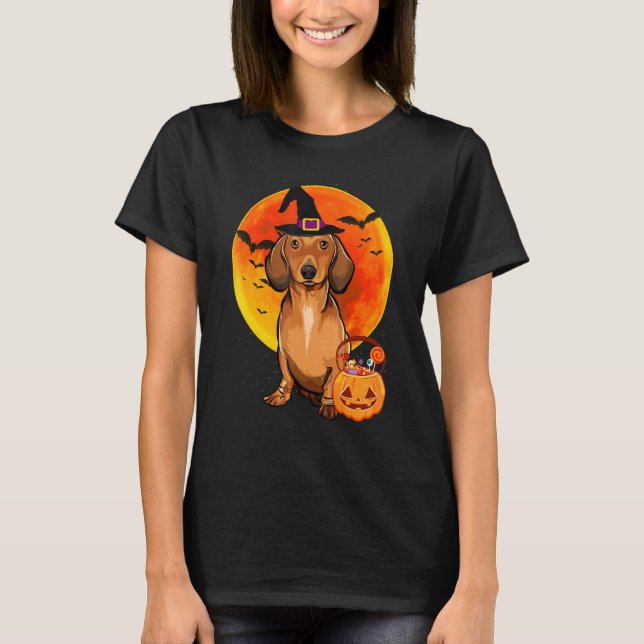 Camiseta Cão Halloween Brown Dachshund Jack O Lanterna Pump (Frente)