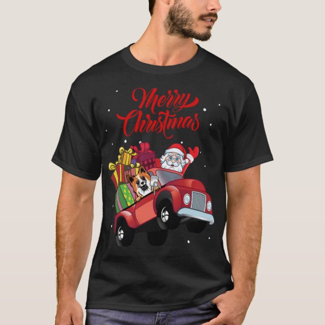 Camiseta Cão Islandês Com Papai Noel No Caminho Vermelho D (Frente)