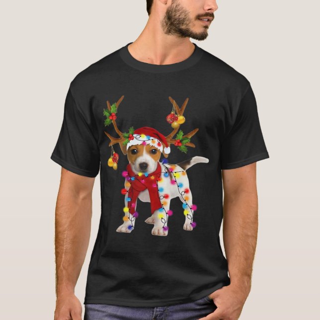 Camiseta Cão Jack russell Lindo Renas Luz de Natal (Frente)