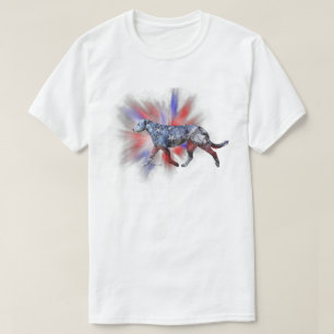 Camiseta Cão Lobo Irlandês Patriótico Vermelho Branco e Azu
