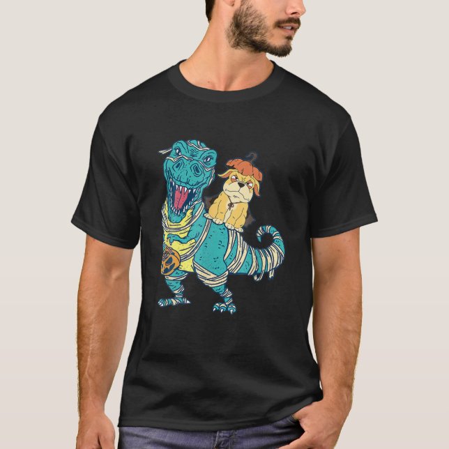 Camiseta Cão Louco Andando Mummy Dinossaur T Rex Halloween  (Frente)