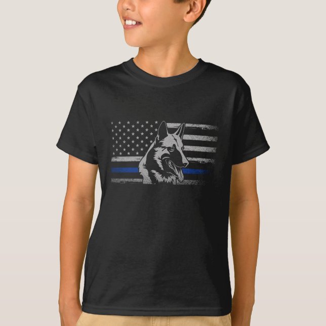 Camiseta Cão Malinois Belga da Polícia de Linha Azul Fino (Frente)