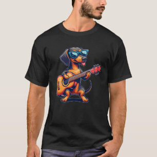 Camiseta Cão Musical Guitarrista Dachshund Tocando Violão