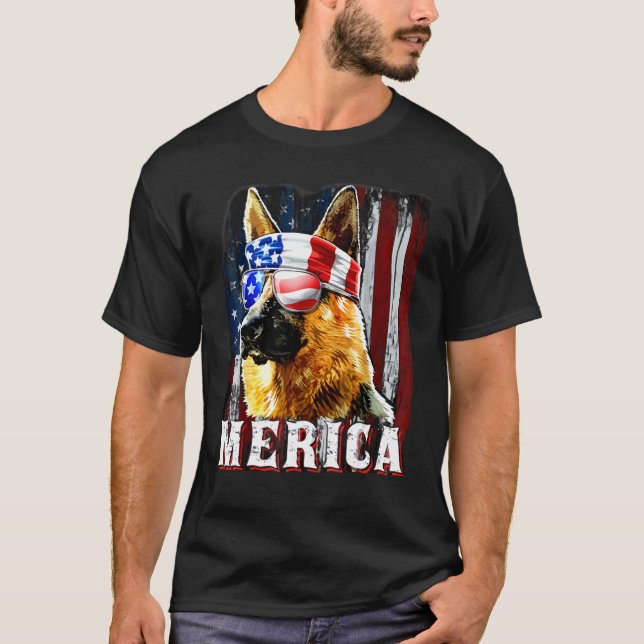 Camiseta Cão Pastor Alemão Americano Bandeira Americana 4 D (Frente)