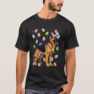 Camiseta Cão Pastor Alemão Feliz Páscoa Caça ao Ovo Coelho
