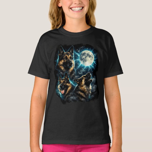 Camiseta Cão pastor alemão uivando para a lua (Frente)