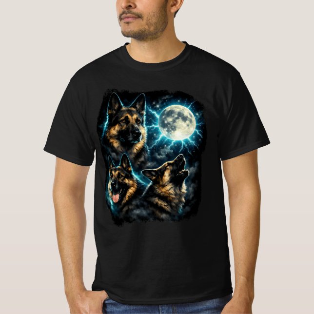 Camiseta Cão pastor alemão uivando para a lua (Frente)