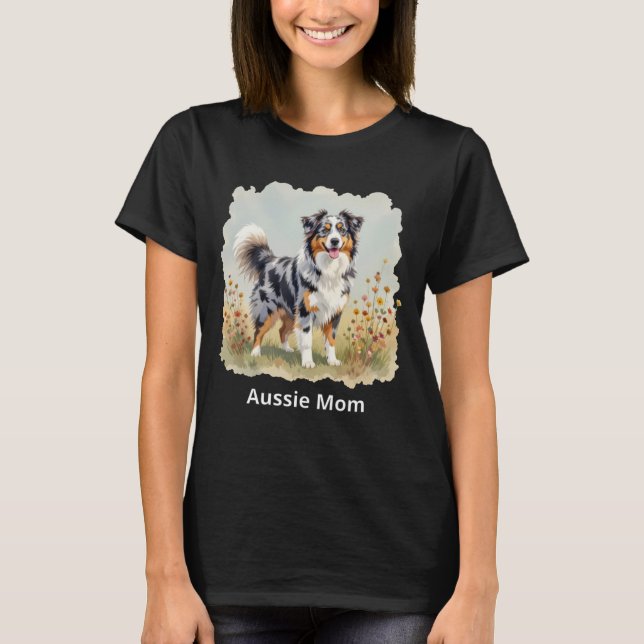 Camiseta Cão Pastor Australiano Merle Cauda Longa Mãe Aussi (Frente)