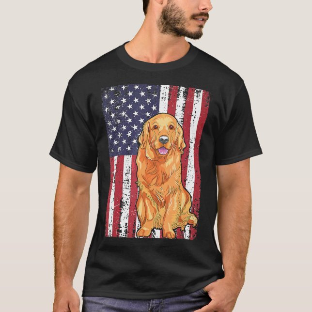 Camiseta Cão Patriótico do Ouro de Bandeira Americano (Frente)