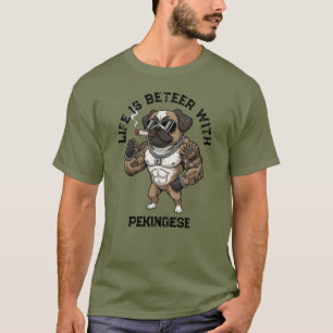 Camiseta Cão Pequinês, musculoso, tatuado, fisiculturista 