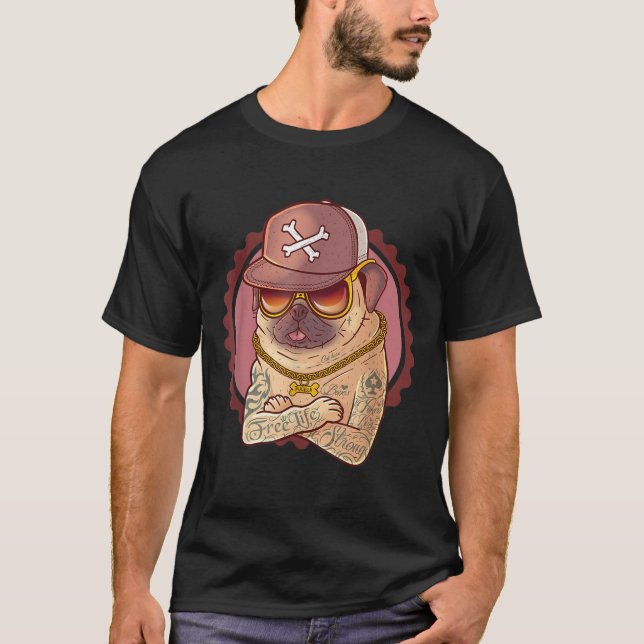 Camiseta Cão, Pet, Tatuagem, Rap _ Pug, Rapper Tee (Frente)