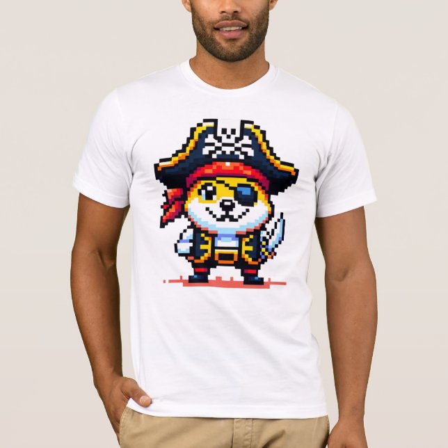Camiseta Cão Pirata - Design de Aventura Engraçado Pixel Ar (Frente)