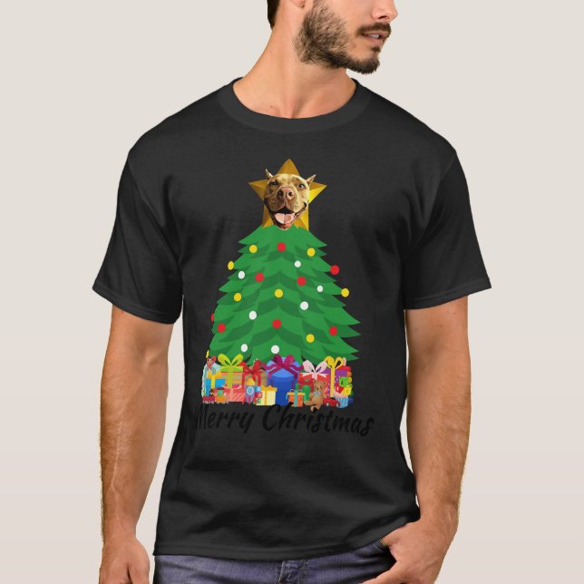 Camiseta Cão Pitbull da Estrela da Árvore de Natal (Frente)