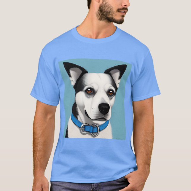 Camiseta Cão Preto e Branco com Coleira Azul (Frente)