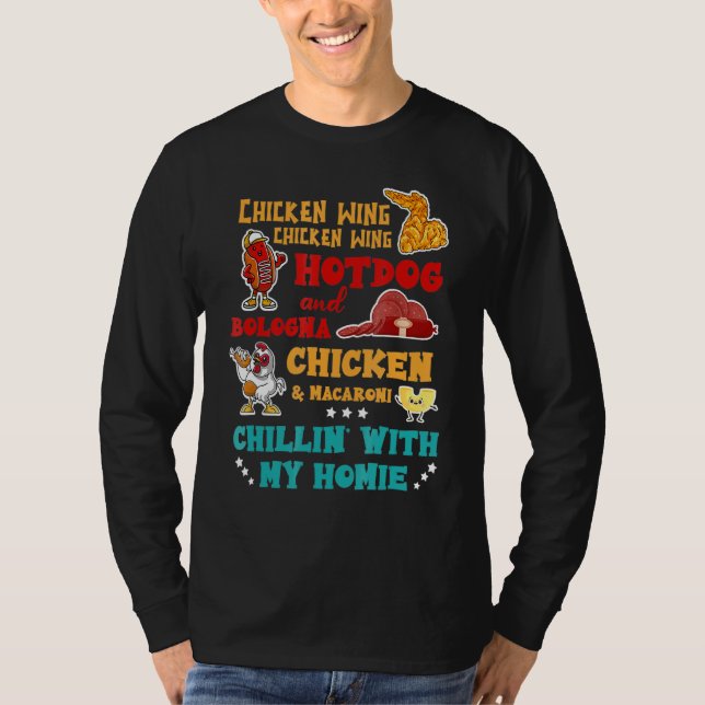 Camiseta Cão Quente De Galinha E Frango De Bolonha E Macaro (Frente)