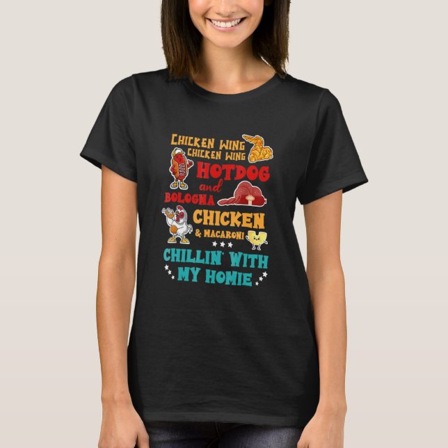 Camiseta Cão Quente De Galinha E Frango De Bolonha E Macaro (Frente)