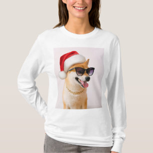 Camiseta Cão Shiba Inu em Papai Noel chapéus vermelhos