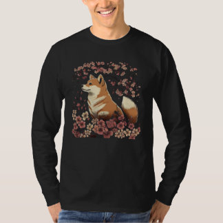 Camiseta Cão Shiba Inu Japonês Gráfico Flor de Cerejeira Sa