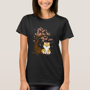 Camiseta Cão Shiba inu sentado debaixo de cerejeira florid