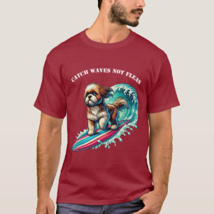 Camiseta Cão surfando com uma prancha rolando um URM de ond