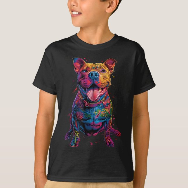 Camiseta Cão Tatuagens Pitbull Cão Tatuado Colorido (Frente)
