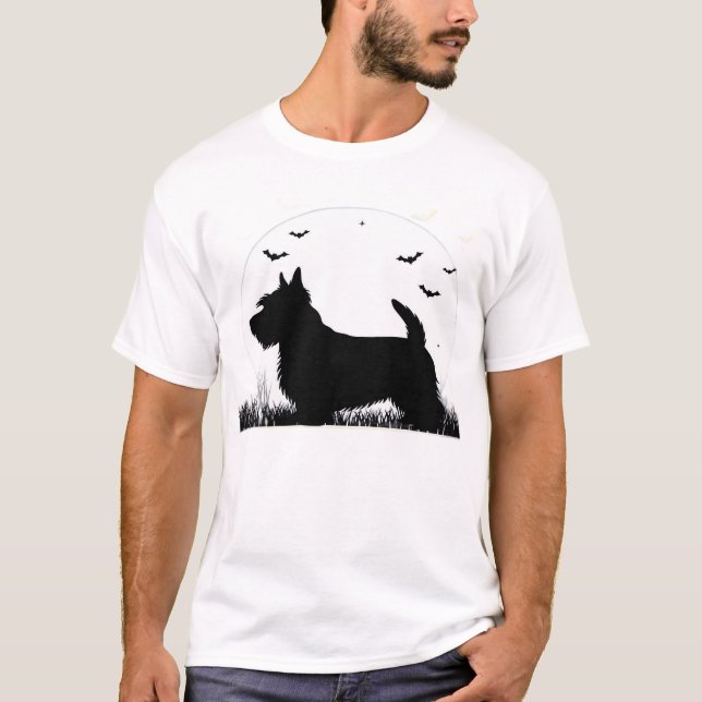 Camiseta Cão Terrier Skye � Silhueta da Lua de Halloween Cl (Frente)