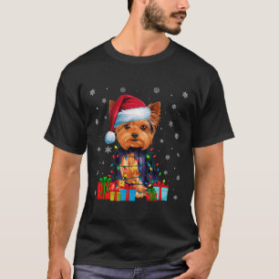 Camiseta Cão Ugly Xmas Lights Santa Hat Yorkshire Terrier C