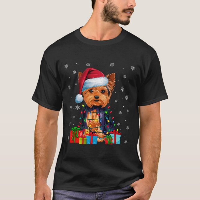 Camiseta Cão Ugly Xmas Lights Santa Hat Yorkshire Terrier C (Frente)