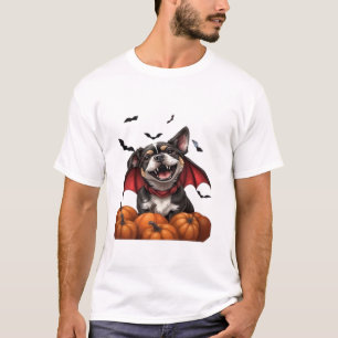 Camiseta Cão Vampiro de Halloween com Abóboras T-Shirt Clás