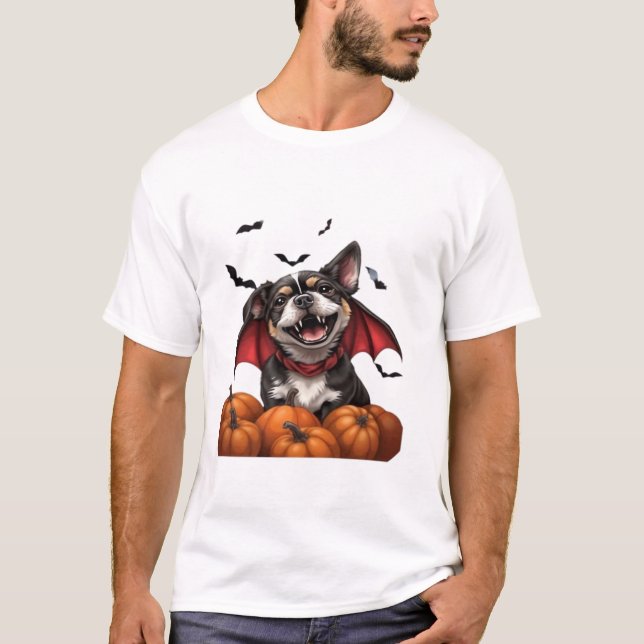 Camiseta Cão Vampiro de Halloween com Abóboras T-Shirt Clás (Frente)