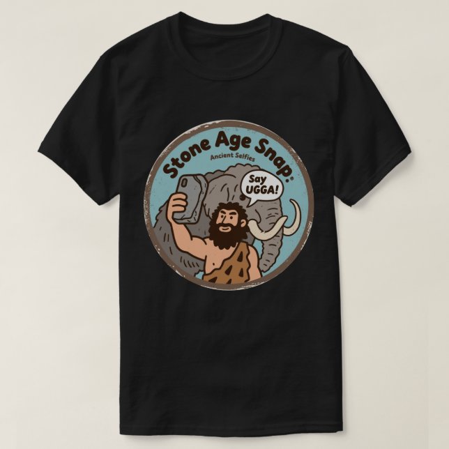 Camiseta Caos de Selfie de Homem das Cavernas com Mamute La (Frente do Design)