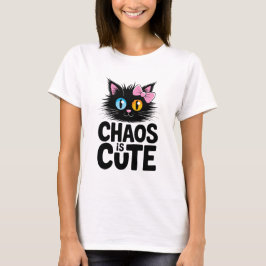 Camiseta Caos é Fofo – Gato Preto Adorável com Laço Kawaii