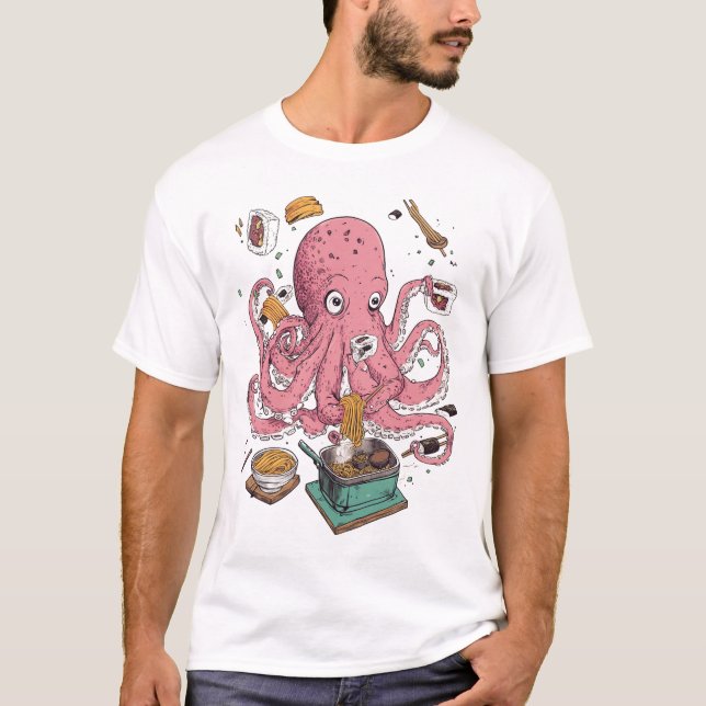 Camiseta Caos Kitchen Desastre Chef Engraçado Octopus Sushi (Frente)