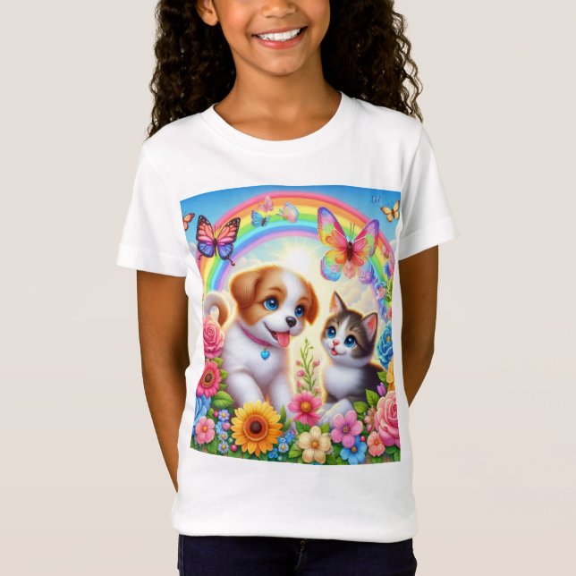 Camiseta Cãozinho/cachimbo/arco-íris de gatinho (Frente)
