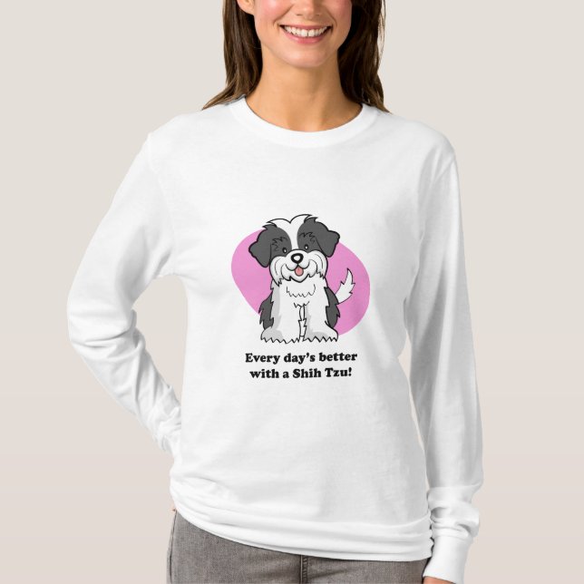 Camiseta Capa longa bonito de Shih Tzu do cão dos desenhos (Frente)