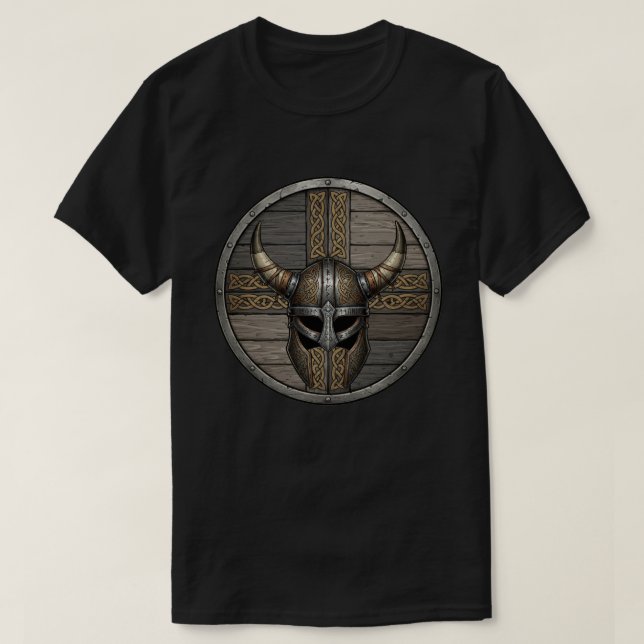Camiseta Capacete com Chifres Viking Escudo (Frente do Design)