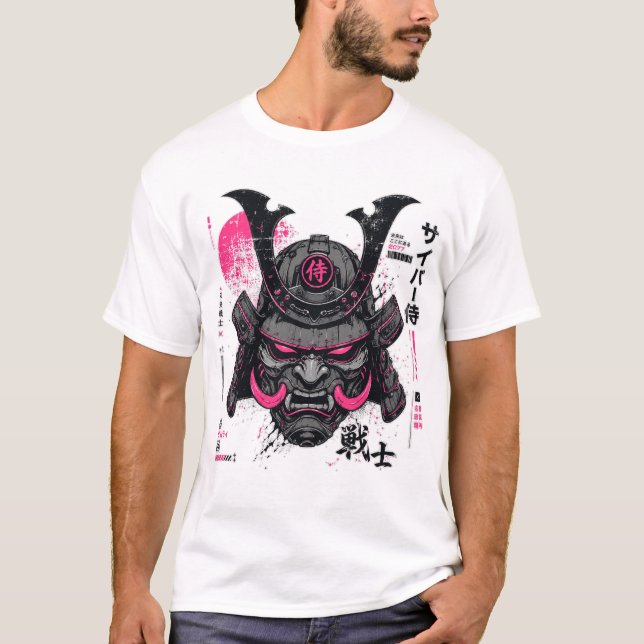 Camiseta Capacete de Samurai Cyberpunk Neon Mecha (Frente)