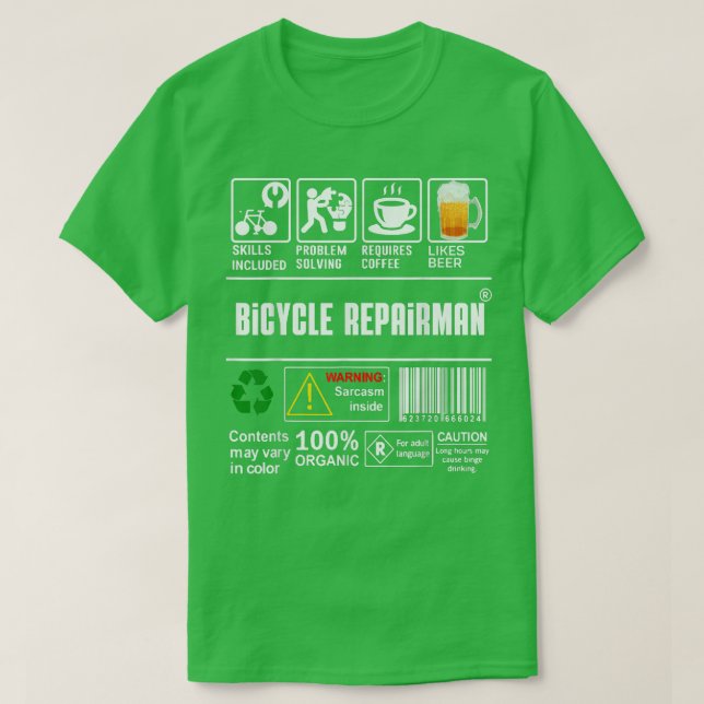 Camiseta Capacidades De Reparador De Bicicletas Incluem O C (Frente do Design)