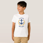 Camiseta Capitão Boat Name Anchor Dourado Laurel Boys White<br><div class="desc">Uma âncora de barco náutica,  folhas de louro e uma estrela de ouro com a classificação Capitão ou outro título e o seu nome personalizado ou nome de barco numa camiseta para rapazes. Várias cores para escolher. Faz um presente de excelente.</div>