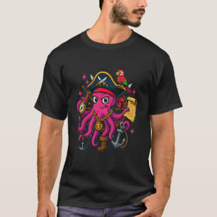 Camiseta Capitão do Polvo Pirata com Papagaio Kraken Rosa