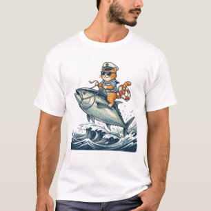 Camiseta Capitão Gato Montando Atum Gigante Design Divertid